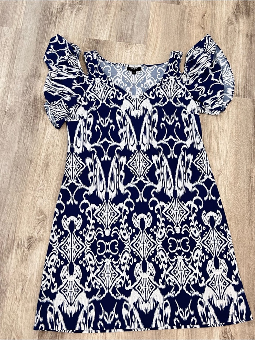 MSK Blue White Ruffled Cold Shoulder Slinky Stretch Dress Women's M Spring Party